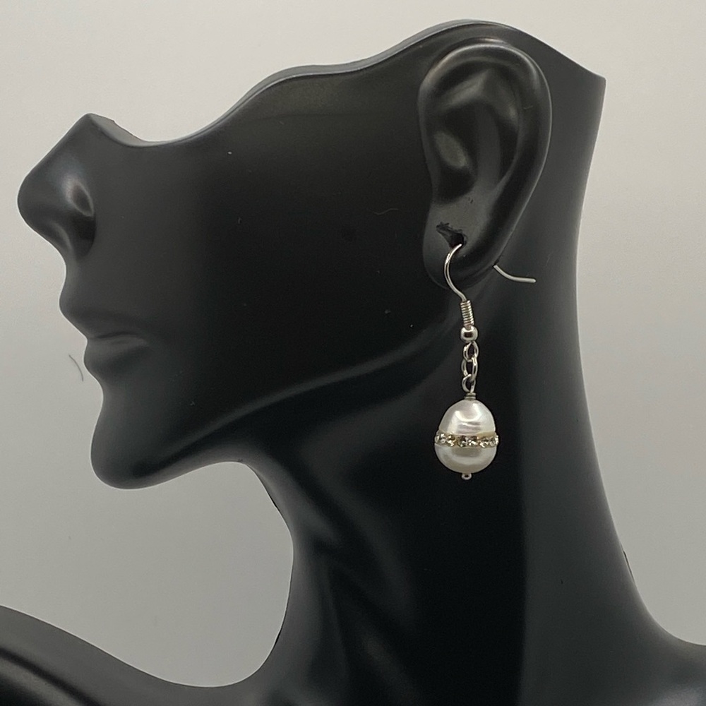 Silver Dangling 9mm White Pearl Drop Earrings w/ Sparkling Rhinestones 1.5” Long